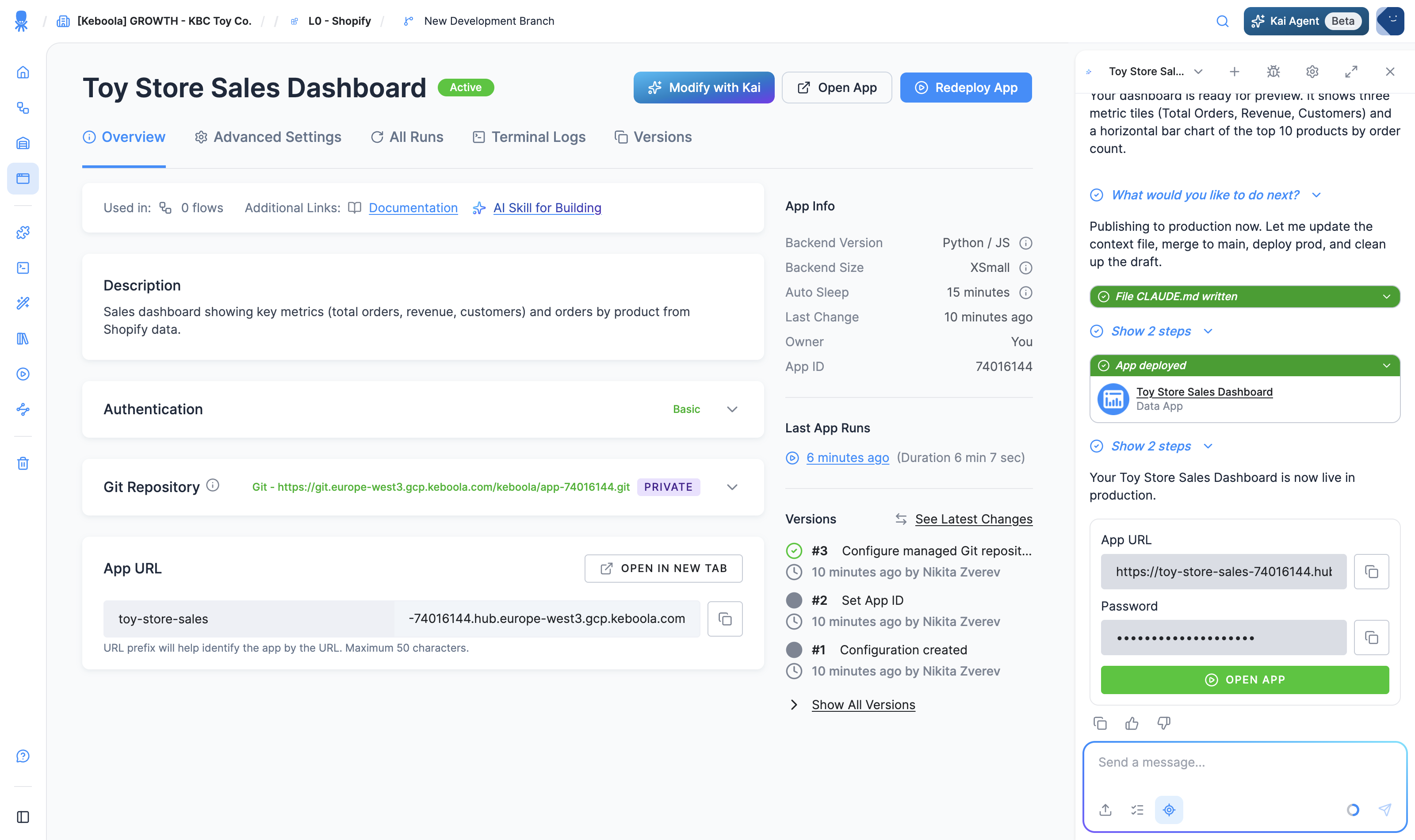 The app's configuration page: the Overview tab with Authentication and a Git Repository section, plus the App Info panel showing backend version, size, auto-sleep, and App ID